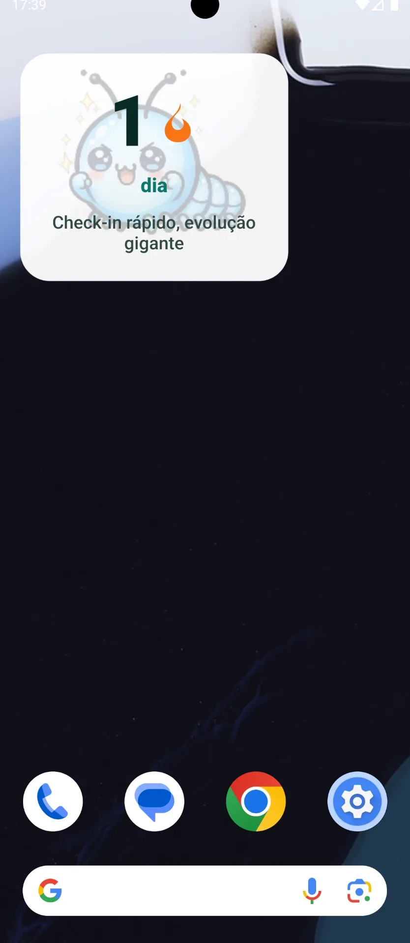 Widget do Cater na tela inicial do celular mostrando 1 dia de sequência